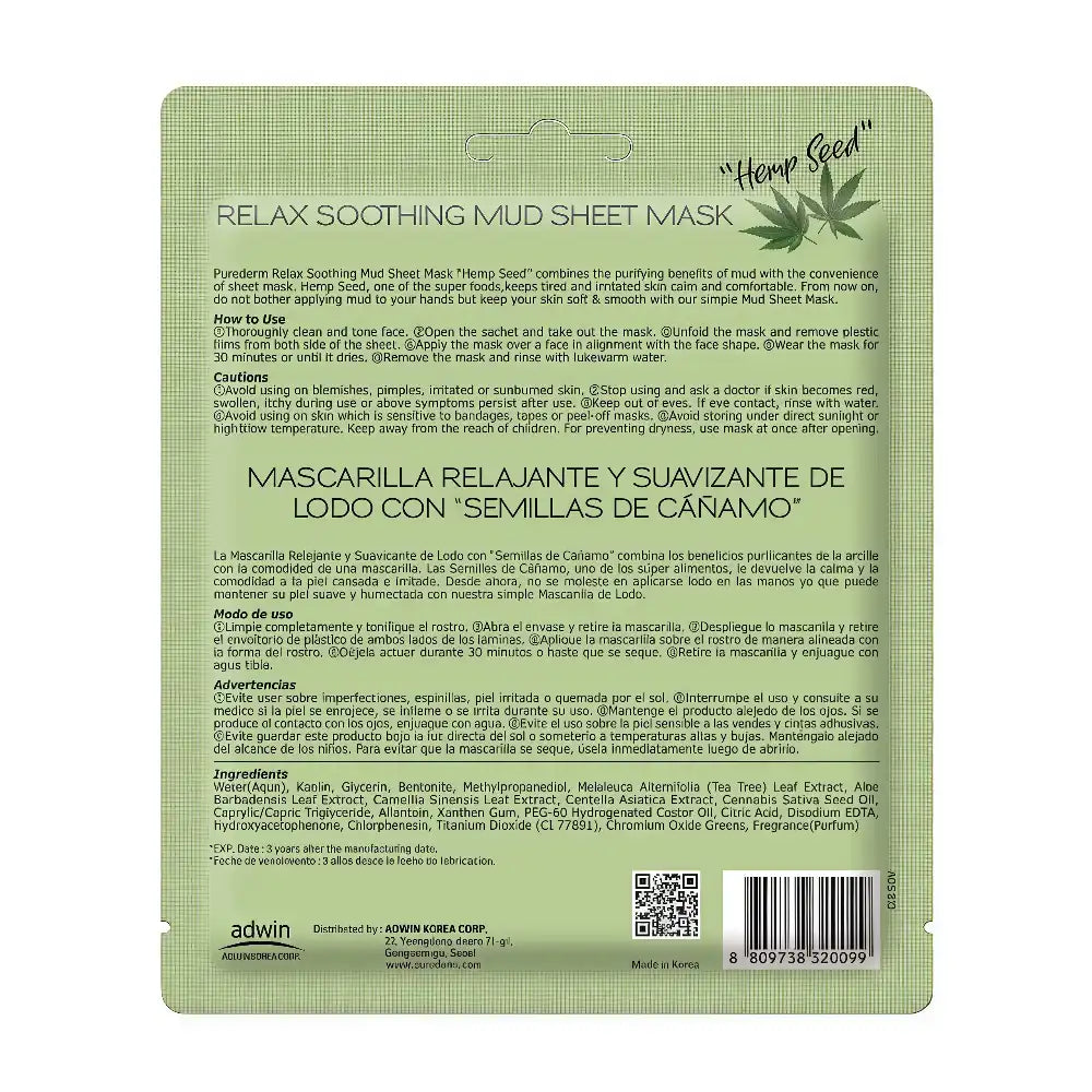 PUREDERM Relax Soothing Mud Sheet Mask Hemp Seed