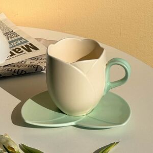 Mug en céramique tulipe blanche avec soucoupe feuille (haut)