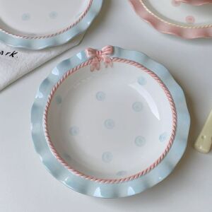Cute Pastel Ribbon Polka Dots Ceramics Plate 8 inch Blue&Pink