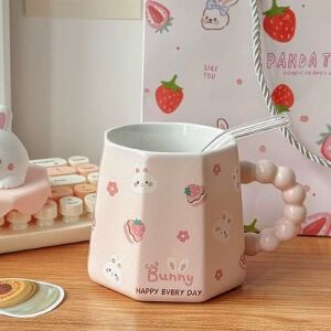 Cute Bunny Lid with Beaded Handle & Straw Cup