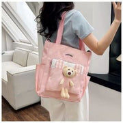 Pink Canvas Tote Bag with Teddy Bear Decoration