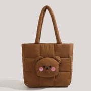 Cute Bear Applique Quilted Nylon Tote Bag - Brown