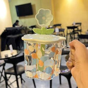 Couvercle en forme de pétale avec gobelet transparent à motif floral - Bleu (cuillère non incluse)