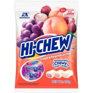 Bonbons mous MORINAGA Hi-Chew Raisin, Pêche et Litchi 100 g