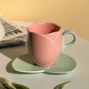 Mug en céramique rose tulipe avec soucoupe feuille (grand format)