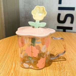 Couvercle en forme de pétale avec gobelet transparent à motif floral - Rose (cuillère non incluse)