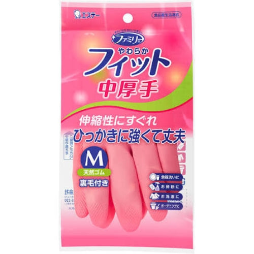 FAMILY Soft Fit Natural Rubber Medium Thickness Gloves M Size Pink